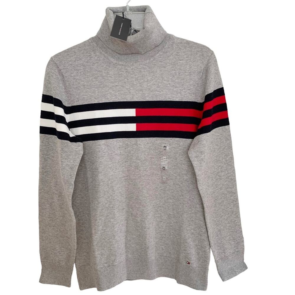 Tommy Hilfiger Grey Stella Flag Mock Neck Sweater NWT Medium - Picture 2 of 7